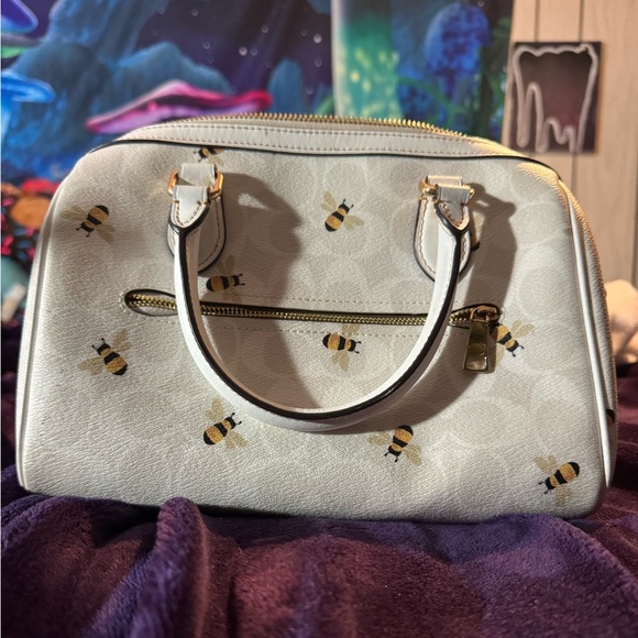 COACH Rowan White Gold Logo Bee Satchel Leather Canvas Crossbody Bag CH516 - Picture 3 of 11